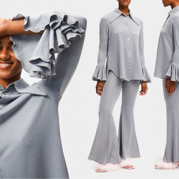 Sleeper Venera Lurex Lounge Suit Set Top and Pants Silver Flared Cuffs NWT $350 - Picture 10 of 11